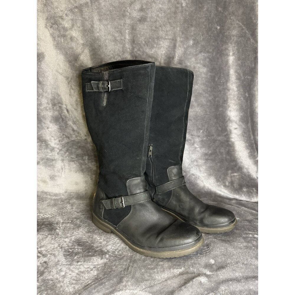 UGG Black Suede Leather Tall Boots Buckle Riding Women's Size 11